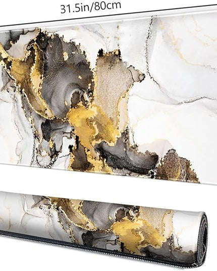 Galdas Large Mouse Pad XXL XL Large Mouse Pad Long Extended Mousepad Desk Pad Non-Slip Rubber Mice Pads Stitched Edges Thin Pad (31.5x11.8x0.12 Inch)-Ink White Gold Marble