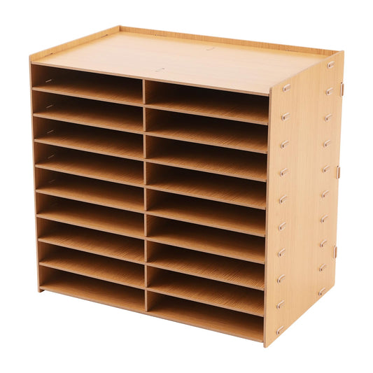 Kaibrite Wood Literature Organizer Adjustable File Sorter Mail Center Magazine Holder Paper Storage Cabinet Classroom Keepers Mailbox for Office Home School, 18 Compartments (Oak)