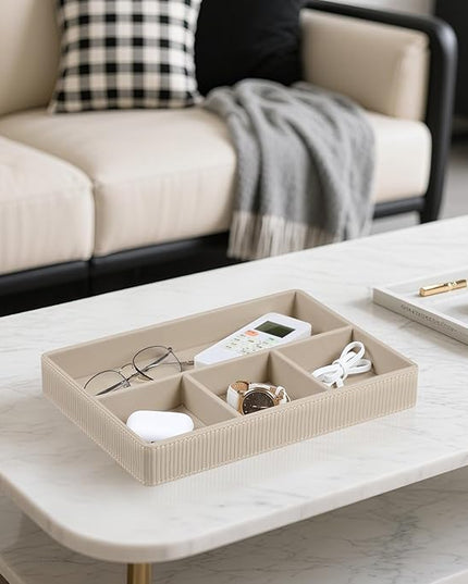 NICLNGSH PU Leather Valet Tray, Decorative Trinket Vanity Desk Drawer Organizer Tray, Perfume Dish Catch All Bowl for Keys, Nightstand Drawer Organizer Women Men with 4 Compartments (Beige)