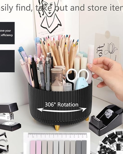 Office Supplies,Desk Accessories,with Stapler,Tape Dispenser,Staple Remover,Scissor,Ballpoint Pen,Sticky Notes,Clear Tape,Staples,Desk Organizer,Phone Stand,Binder,Index Tabs,Best Gift Set(Black)