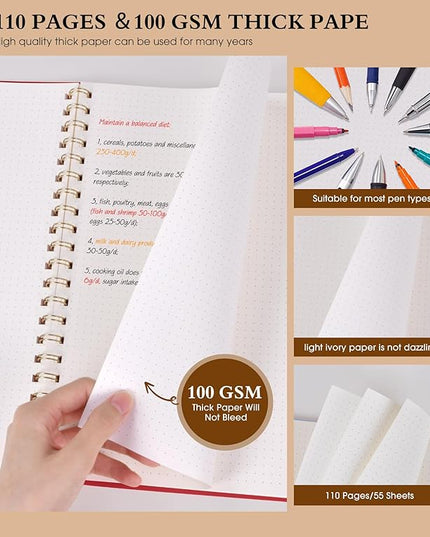 Dotted Notebook, Spiral Notebook Journal 8.5” x 11”, A4 Large Dot Grid Notebooks for Women Men, 100 GSM Dotted Paper, Plastic Hardcover Spiral Bullet Journals for Work School Sketching, Red