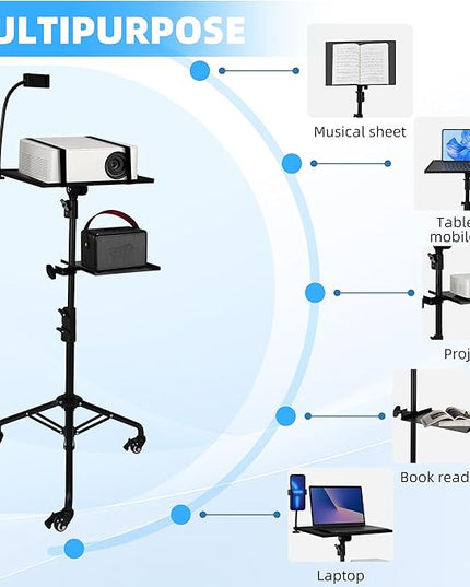 Projector Stand Tripod – 24 to 59 Inch Adjustable Height – Dual Shelves Laptop Tripod Stand with Moveable Wheels and Phone Holder, Portable Laptop Stand for Office, Stage & Outdoor Use