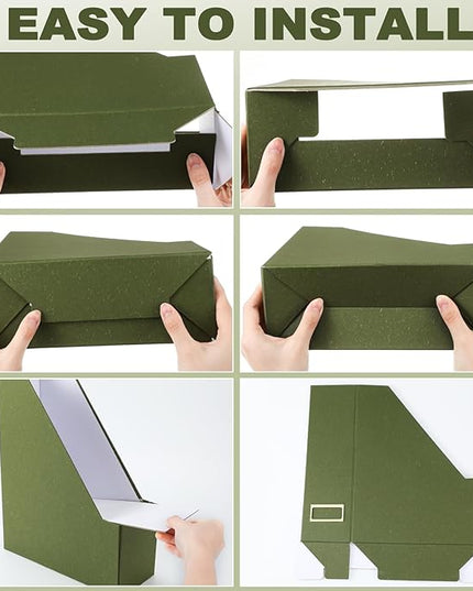 Gueevin Set of 6 Magazine File Holder Stylish Sturdy Cardboard File Boxes Desk Magazine Organizer Rack with Gold Label Holder to Organize Your Desk or Shelves for Home Classroom Office Library(Green)