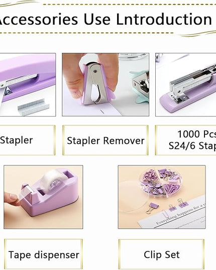 Office Supplies Set,Desk Accessories,Stapler and Tape Dispenser Set,1000 Staples,Staple Remover,Hinder Clips,Scissor,Index Tabs,Clear Tape,Ballpoint Pen,Coworkers(Purple)