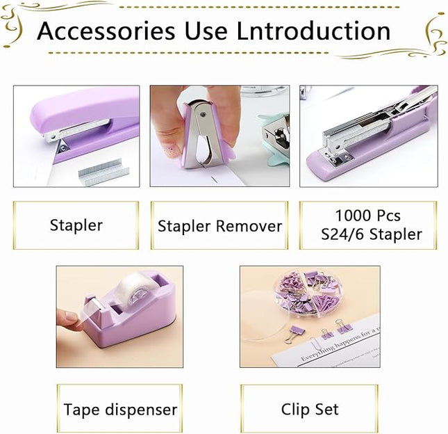 Office Supplies Set,Desk Accessories,Stapler and Tape Dispenser Set,1000 Staples,Staple Remover,Hinder Clips,Scissor,Index Tabs,Clear Tape,Ballpoint Pen,Coworkers(Purple)