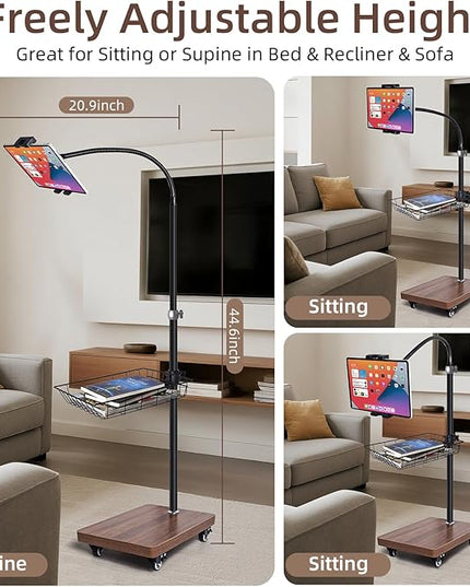 wishacc Adjustable Floor Tablet Stand with Rolling Base, Flexible Gooseneck Mount, Wood Platform, Mobile Device Holder for Indoor Use