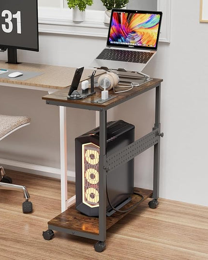 Computer Tower Stand with Charging Station, Height Adjustable 2-Tier CPU Stand with Power Strip and USB Ports, PC Tower Cart with Wheels and Printer Shelf, Rustic Brown and Black