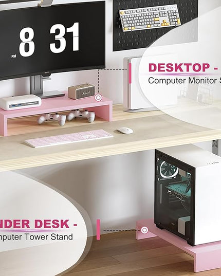 TEAMIX 2 Pack Pink Monitor Riser-20L inch, Cute Monitor Stand for Desk, Wood Sturdy TV/Screen/PC/Printer/Laptop Riser, Computer Shelf with Storage Desktop Organizer for Home Office