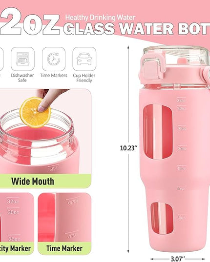BLUEGO 32oz Glass Tumbler with Lid and Handle, Iced Coffee Cup with Straws, Glass Water Bottle with Silicone Sleeve and Volume, Marker Glass Cup with Time Marking, BPA Free, Pink
