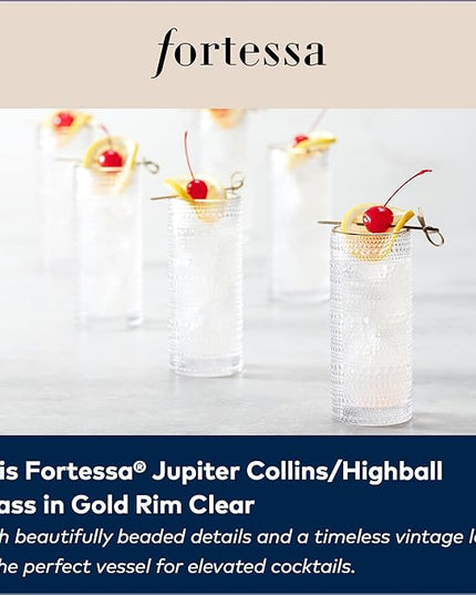 Fortessa Jupiter Beaded Hobnail Glass, 11 Ounce Collins/High Ball (Set of 6), Gold Rim Clear