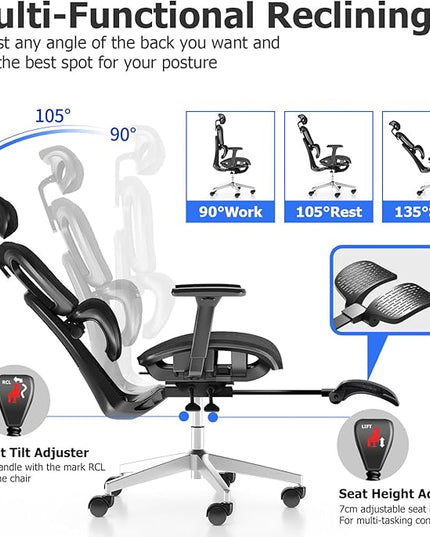 PatioMage Ergonomic Office Chair, Big and Tall Desk Chair with Adjustable Lumbar Support & Seat Depth, High Back Computer Chair, Swivel Mesh Chairs with Wheels for Home Office, Black