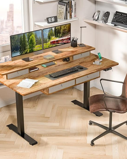 Kingant Standing Desk with Drawers & USB Charging Port, 63" x 30" Height Adjustable Home Office & Gaming Desk, Sit Stand Desk with Built-in Storage Shelf, Hook & Ergonomic Design(Light Rustic)