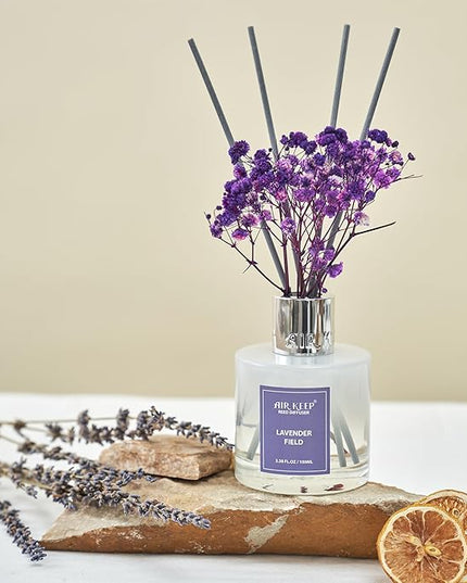 Airkeep Reed Diffuser Set,3.38 fl oz (100 ml) - Lavender Field Oil Diffusers with 8 Reed Sticks, Home Fragrance Reed Diffuser for Bathroom Shelf Decor