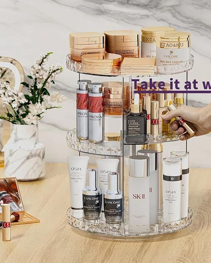 ZHIAI 360 Rotating Makeup Organizer, Large Capacity Cosmetics Organizer for Perfume Holder Organizer Countertop, DIY Adjustable Bathroom Makeup Carousel Holder Rack, Clear Diamond