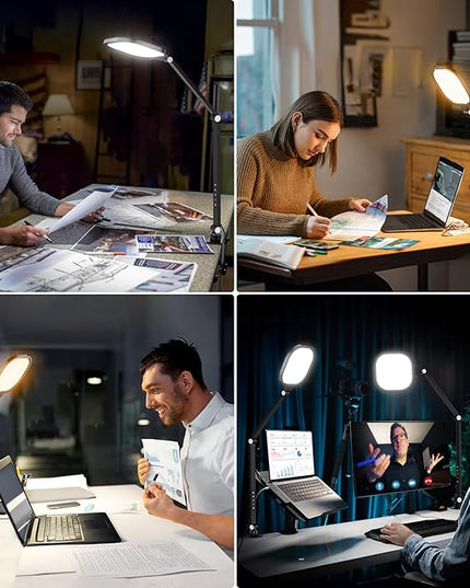 2 Packs Led Desk Lamps for Home Office, 1200LM Dimmable Clamp-on Desktop Light, Adjustable Swing Arm Ring Light with Stand, Memory & Timer Function, Eye-Caring Design
