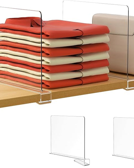 HBlife 2 Pack Clear Shelf Dividers, Vertical Purse Organizer for Closet Perfect for Sweater, Shirts, Handbags in Bedroom and Kitchen, Adjustable Acrylic Bookshelf for Organization