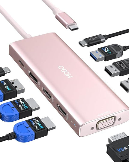 HODO USB C Docking Station Dual Monitor Adapter for Dell HP, Laptop Docking Station 3 Monitors Quad Display USB C Hub Dongle to 2 HDMI 4K,DP 8K, VGA,4 USB,PD, 9 in 1 Dongle Laptop Adapter