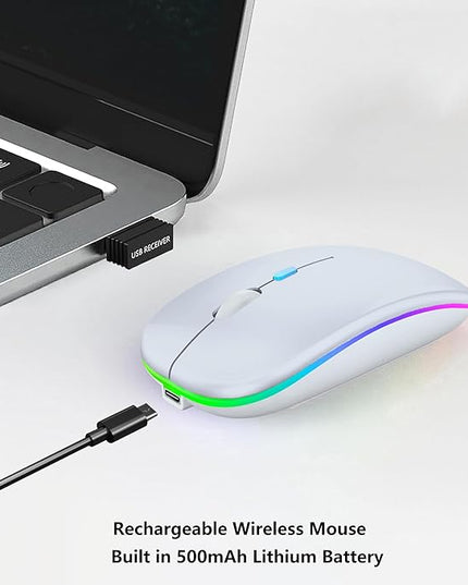 Wireless Bluetooth Mouse Rechargeable Laptop Mice with LED Lights Silent Slim Use(BT5.2 & USB 2.4G Portable Receiver) Dual Mode Computer Mouse for Laptop/iPad/Tablet/Apple/Computer/Mac(White)