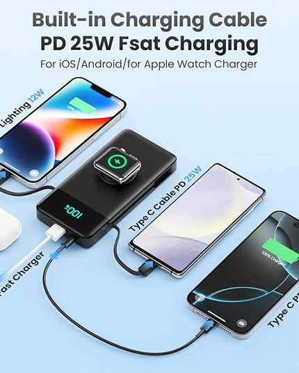FOCHEW Portable Charger for iPhone with Built in Cables & Wall Plug,6-in-1 10800mah Power Bank with iWatch Charger, QC4.0+25W PD Fast Charging LCD Display Battery Pack for iPhone 16/15/14,Android