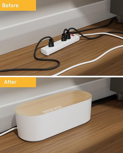D-Line Cable Management Box, Power Strip Holder, Floor Outlet Hiders, Desk Cord Organizer, Cover TV Wires, Wire Storage, Extension Hider, Office Concealer for Cords - Small, Wood-Effect Lid