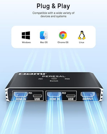 USB KVM Switch, KVM Switch 1 Monitors 2 Computers, HDMI Switch, 4K@60Hz KVM Switches for 2 Computers Sharing 1 Monitor, 4 USB Devices Such as Keyboard, Mouse, Printer, Scanner