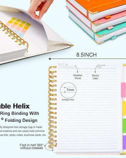 Hardcover Spiral Notebook 8.5"x11" Journal Notebook with Tabs and Removable Dividers 300 Pages 5 Subject Notebook College Ruled, Faux Leather Spiral Bound Notebook for Women School Work(White)