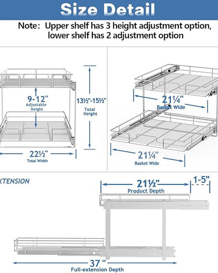ROOMTEC Individual Pull Out Cabinet Organizer (22½"W x 21½"D), 2 Tier Spice Rack Organizer for Cabinet, Slide Out Drawer Pantry Shelf Organization and Storage for Kitchen Bathroom
