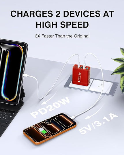 USB C Wall Charger Block, 2Pack 60W USB C Charger 5-Port PD Fast Charging Blocks,QC 3.0 USB A Multiport Plug,Type C Power Adapter Brick Cube for iPhone 17/16/15/14/13/Pro,Samsung,for Switch/Pixel（Red）