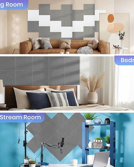 Focusound 18 Pack Sound Proof Panels for Walls, Self-Adhesive Acoustic Panels Sound Absorbing, 12" X 12" X 0.4" High Density Square Soundproof Wall Panels
