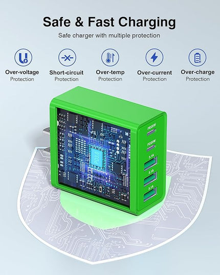 USB C Wall Charger, 60W USB C Charger Block 5-Port PD Fast Charging Blocks,USB A Multiport Plug Brick Cube,Dual Type C Power Adapter for iPhone 17/16/15/14/13/Pro,iPad,Samsung,for Switch（Green 2-Pack）