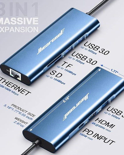 Hiearcool USB C Hub, 8in1 USB-C to 4K 60Hz HDMI Docking Station, USBC Ethernet Multi-Port Adapter 100W PD Dock Compatible for MacBook Pro Air M1 Dell HP Lenovo and Other C Devices-Midnight Blue