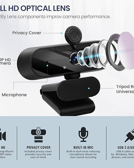 USB HD 1080P Video Webcam and Wide Angle Camera with Built-in Microphone and Rotatable Tripod,for Laptop Computer or Desktop PC,Great for Live Streaming.Calls.Video Conferencing(Black)