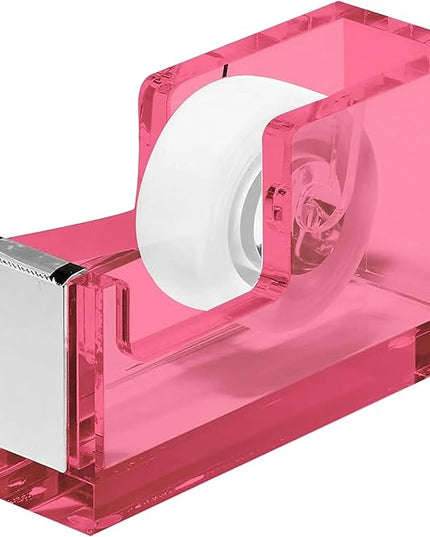 OfficeGoods Acrylic Tape Dispenser – Modern Desk Organizer for Office Supplies – Heavy Duty Refillable Tape Holder for Home and School Crafting – Stylish Desktop Accessory for Gift Wrapping, Pink