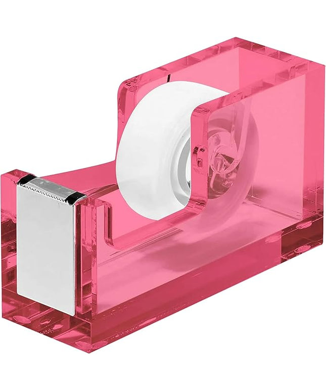OfficeGoods Acrylic Tape Dispenser – Modern Desk Organizer for Office Supplies – Heavy Duty Refillable Tape Holder for Home and School Crafting – Stylish Desktop Accessory for Gift Wrapping, Pink