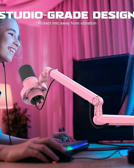 FIFINE Low Profile Boom Arm Mic Stand, Microphone Stand with Cable Management Channel, Desk Clamp, Screw Adapter for Streaming Podcast Recording, Adjustable Metal Mic Boom Arm Pink-BM88P