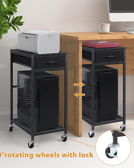 YBING PC Stand 2 Tier Computer Tower Stand with Drawer Mobile Computer Cart with Storage Metal CPU Holder on Wheels Pc Tower Stand Black Rolling Computer Tower Stand Floor for Office