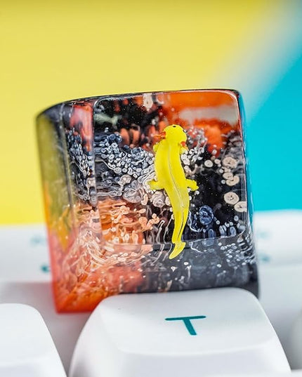 Yellow Axolotl in Red Black Ocean Coral Artisan Keycap R1 SA Profile Custom Animal Keycaps 1U ESC Handmade Gaming Resin Key Cap Cherry MX Switch Compatible Mechanical Keyboard Axolotl Lover Gift