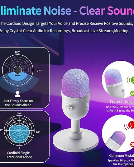 USB Microphone for PC - Computer Gaming Mic with RGB Lighting for PS4&5,Dual Audio Mixing,Mute,Headphone Output,192KHz/24Bit Hi-Fi Condenser Microphone for Streaming,Singing,Podcast-White
