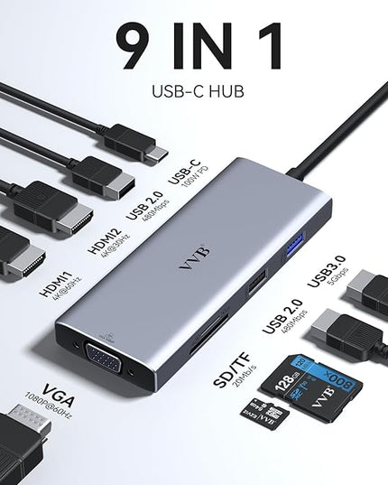 USB C Docking Station Dual Monitor HDMI Adapter for Dell HP Lenovo,Laptop Docking Station 3 Monitors USB C Hub Multiple Adapter Dongle with 2 HDMI 4K+VGA+100W PD Charger+3 USB Port+SD/TF Card Reader