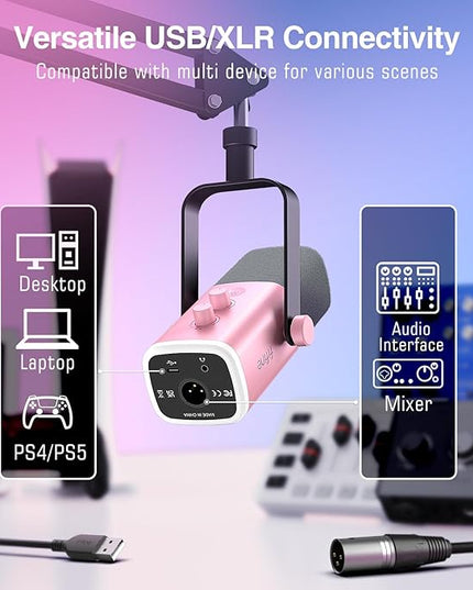 FIFINE XLR Gaming Microphone USB, PC Dynamic Microphone Kit for Vocal, Recording, Podcast, Streaming RGB Mic with Headphone Jack, Mute Button, Boom Arm Stand for Computer/Mixer-AmpliGame AM8T Pink