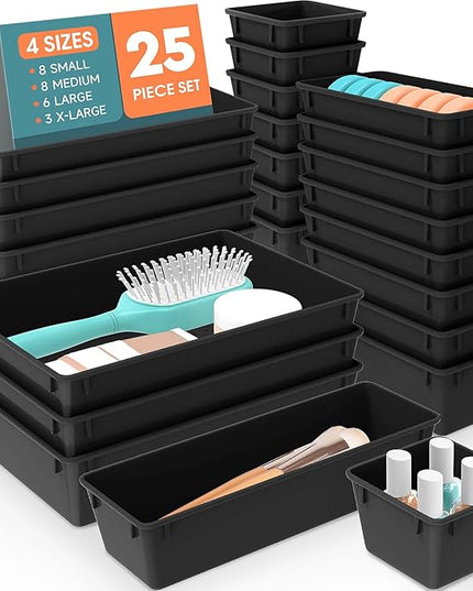 WOWBOX 25 PCS Plastic Drawer Organizer Set, Desk Drawer Divider Organizers and Storage Bins for Makeup, Jewelry, Gadgets for Kitchen, Bedroom, Bathroom, Office, Deep Black