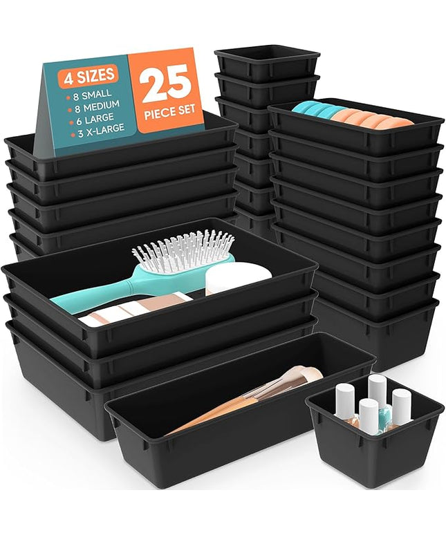 WOWBOX 25 PCS Plastic Drawer Organizer Set, Desk Drawer Divider Organizers and Storage Bins for Makeup, Jewelry, Gadgets for Kitchen, Bedroom, Bathroom, Office, Deep Black