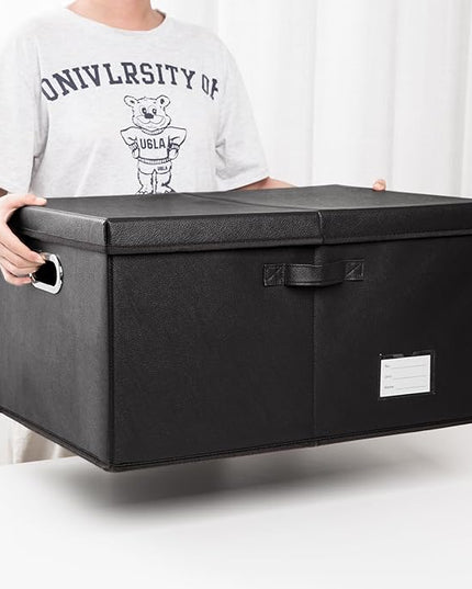 PRANDOM Collapsible Storage Box with Lid [1-Pack] Leather Fabric Foldable Storage Bin Organizer Container Basket Cube with Cover for Home Bedroom Closet Office Nursery Black (22.8X15.7X11.8)