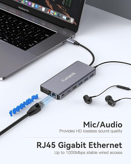 USB Docking Station 2 HDMI, USB 3.0 Hub to HDMI Adapter with 3 USBA 3.0 up to 5Gbps, USBC Data Port & 1 USB 2.0 Port, 100W PD& VGA, SD Card Reader, Multiport USB Dongle with Kensington Safety Lock