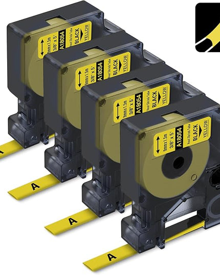 Rhino 18054 A18054 9mm Yellow Heat Shrink Replace for Rhino 5200 Heat Shrink Labels Compatible with DYMO Industrial Rhino 4200,6000, 6000+ Label Maker, 3/8" x 4.9', Black on Yellow, 4-Pack