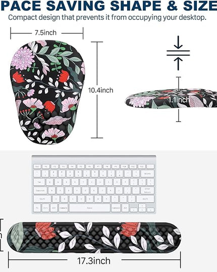 Ergonomic Mouse Pad and Keyboard Wrist Rest with Massage Design, Space-Saving Mouse Pad Wrist Support, Memory Foam Wrist Rest with Non-Slip PU Base for Computer Desk, Multiflora