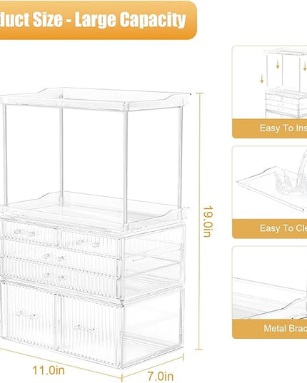 2-Tier 5-Drawer Bathroom Countertop Organizer : Multi-Purpose Makeup Organizer Countertop - Large Skincare Holder Exquisite Vanity Tray - Perfume & Skincare Storage Amber Clear