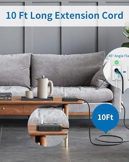 Flat Plug Extension Cord 10 Ft, NTONPOWER 6 Widely Spaced Outlet(2 Side) Power Strip with 4 USB Ports, Overload Protection, Wall Mount Charging Station for Home Office, Nightstand and dorm room, Black