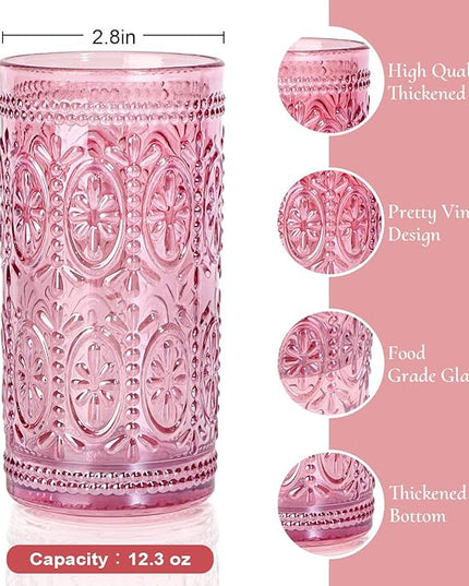 Drinking Highball Beverage Glass Cup, Vintage Drinking Glasses, Colored Glassware Set for Party Wedding Home Office Gift, Set of 4 ,Pink