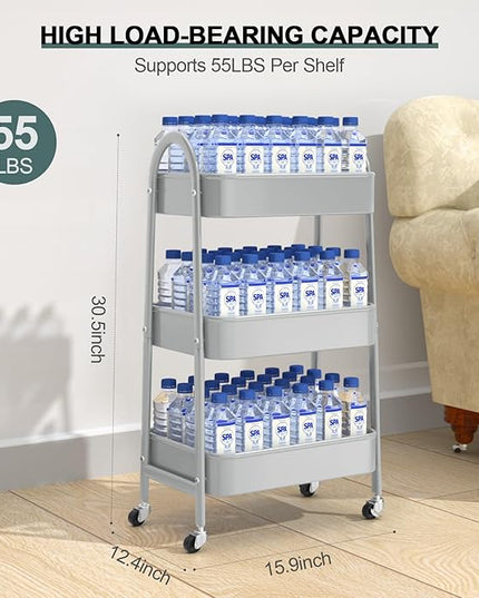 EAGMAK 3 Tier Utility Rolling Cart, Metal Storage Cart with Handle and Lockable Wheels, Multifunctional Storage Organizer Trolley with Mesh Baskets for Kitchen, Living Room, Office, Garage (Grey)